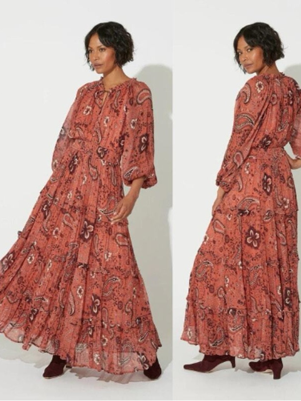Cleobella Elowen Paisley Print Chiffon Ankle Dress Peach Paisley Print Large